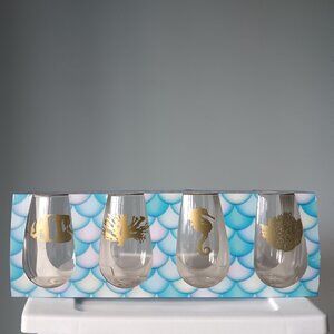 Boxed Set of 4 Stemless Clear Wineglasses Ocean Themed Gold Imprint Seahorse